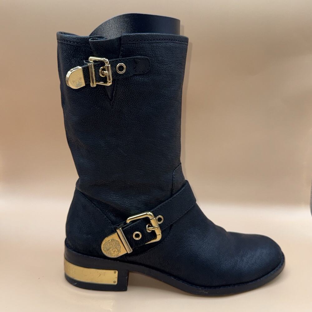 VINCE CAMUTO Winchell Black Leather With Gold Buckle Moto Boots 9